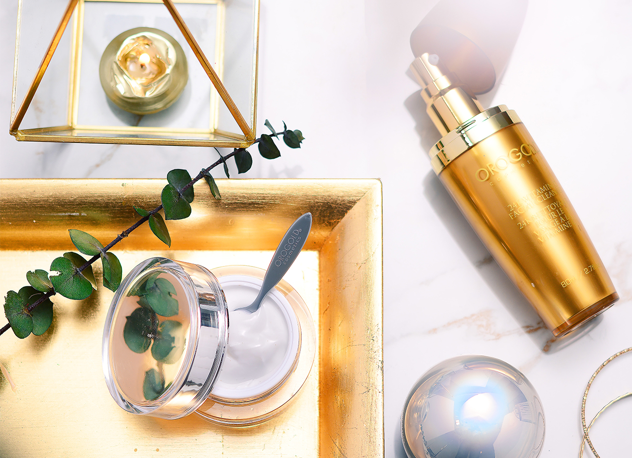 top down display of orogold items on a marble table